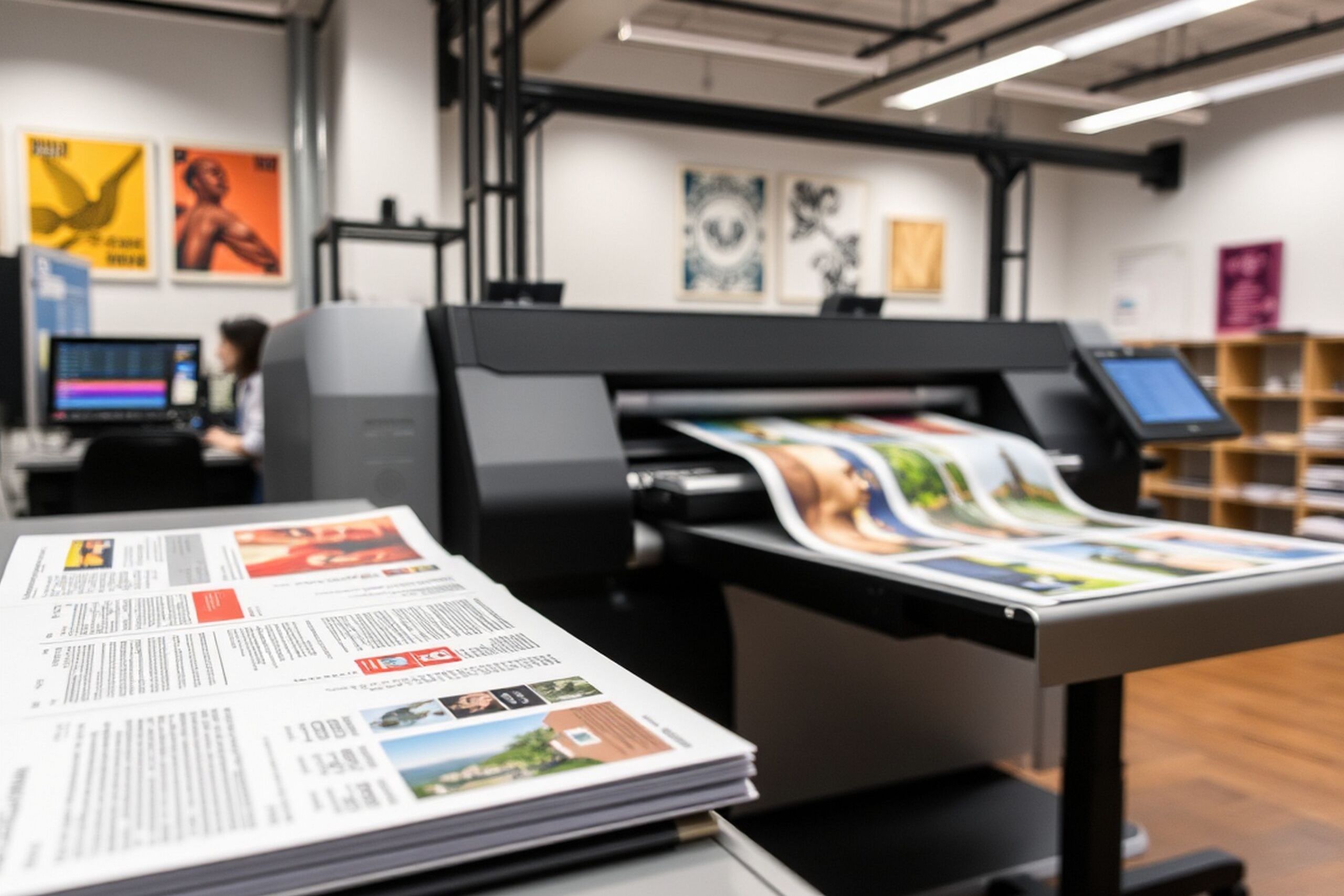 Modern printing press creates colorful documents indoors generated by AI